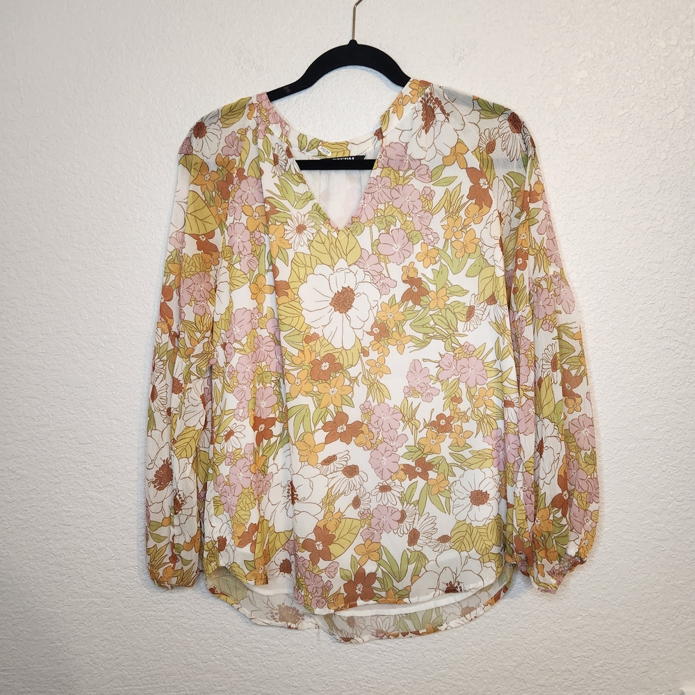 BTFBM Retro Floral Blouse V-Neck Long Sleeve Lined Women's Medium Orange Pinks - Picture 2 of 16